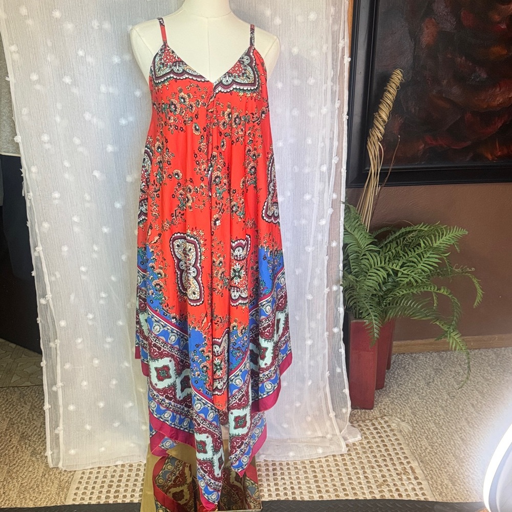 Mlle Gabrielle Red Paisley Asymmetrical Maxi Dress
